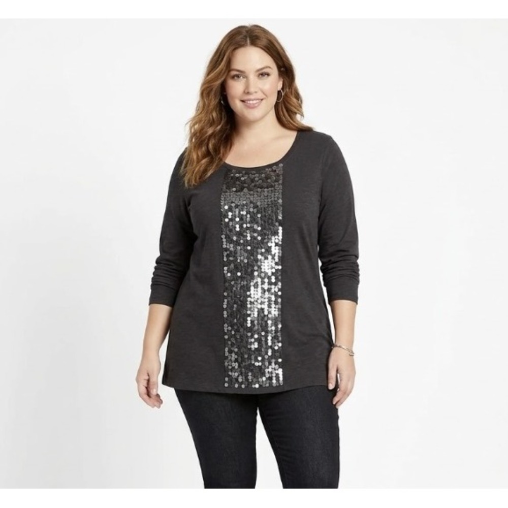 Style & Co size XL Black Round Neck Sequins Stretch 3/4‎ Sleeve Casual Top